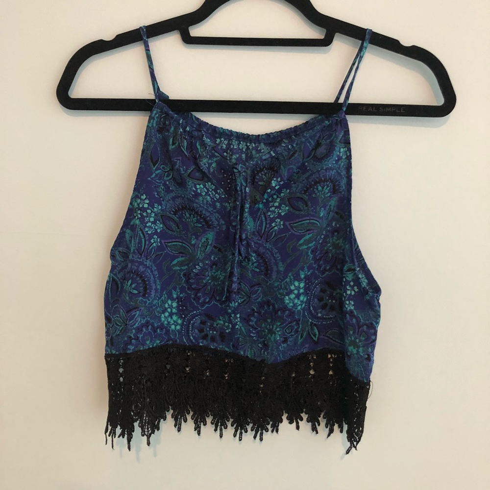 Blue back-tie crop top with Embroidered fringe